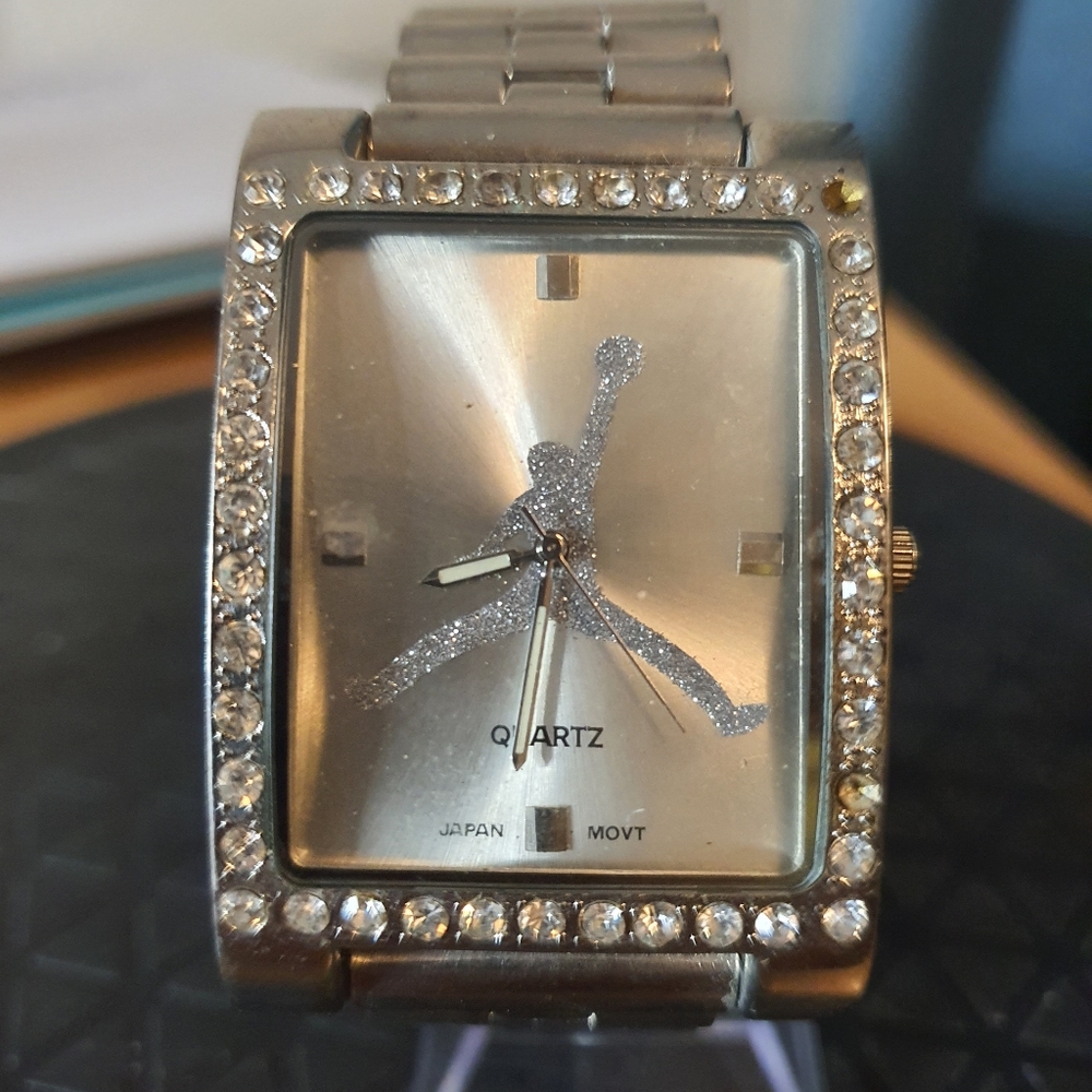 10/$20 Square Silver Stainless Steel Rhinestone Jumpman Men's Watch